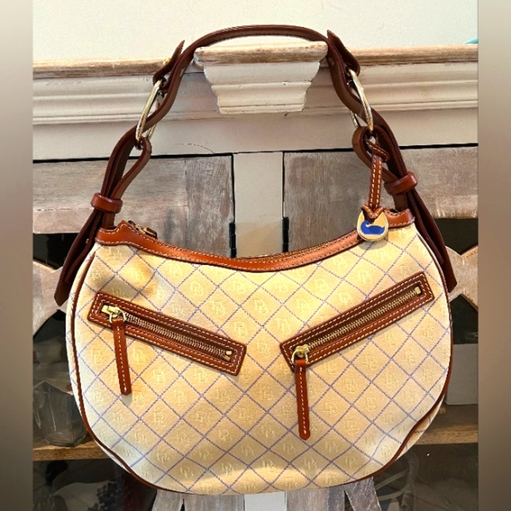 Dooney & Bourke Branded Canvas Crescent Hobo Shoulder‎ Bag in Yellow& Blu…